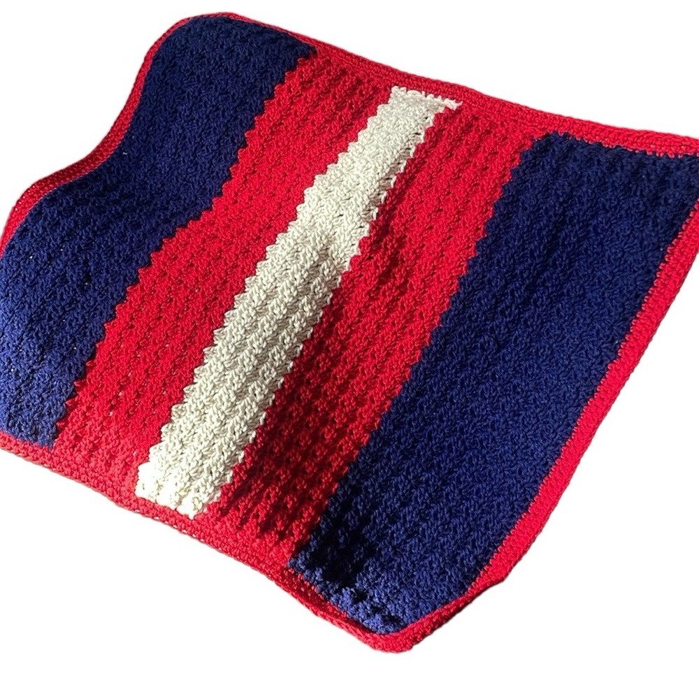 Baby Stroller Blanket Americana Children’s Red Navy Crocheted Throw Handcrafted
